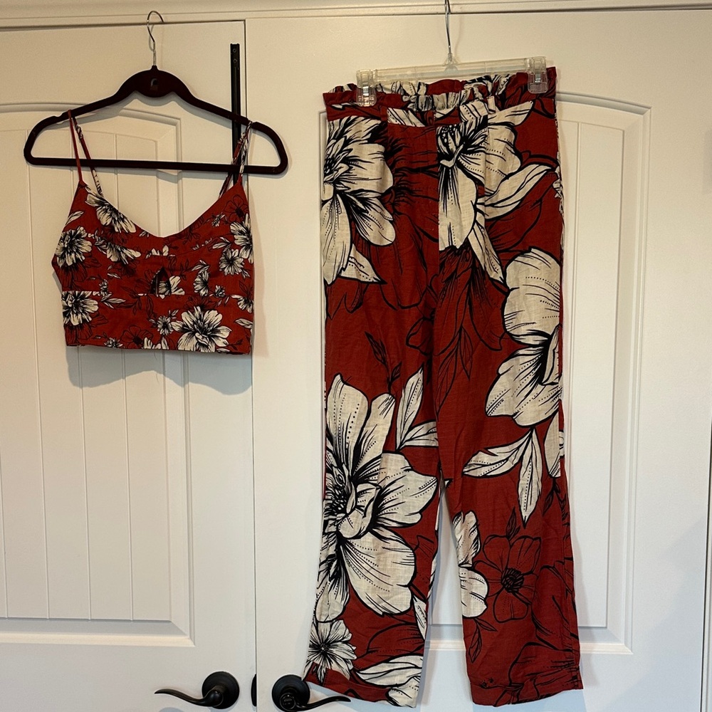 FARM Rio Red Floral Crop Top & Wide Leg Pants Set